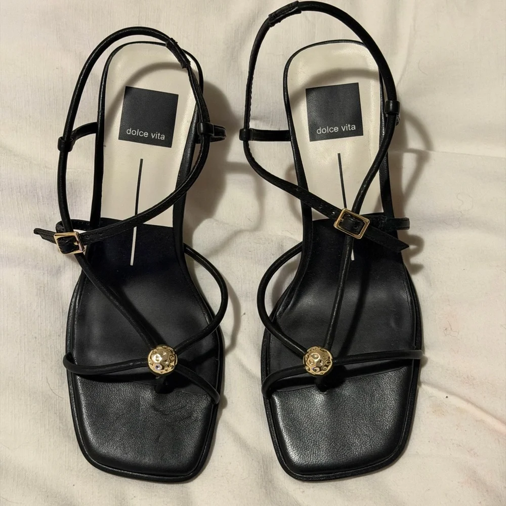 Dolce Vita Black Strappy Sandals with Gold Medallion
